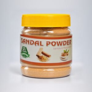 Sara Sandal Powder in its original clear plastic jar with yellow cap and authentic photographed label, on a neutral studio background