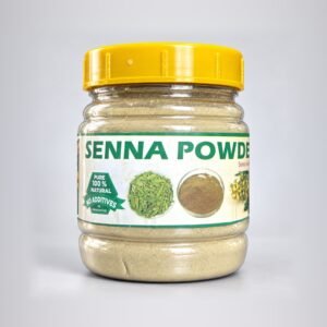 Sara Senna Powder in its original clear jar with yellow cap and botanical label