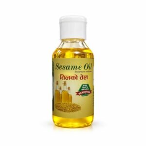 Sara Sesame Oil in its authentic bottle with the original photographed label, on a neutral studio background.