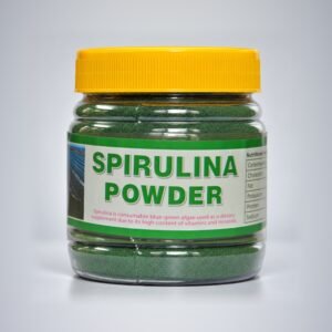 Sara Spirulina Powder in its original clear plastic jar with yellow cap and authentic photographed label, on a neutral studio background