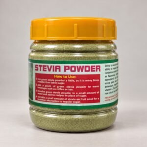 Sara Stevia Powder in its authentic powder jar with the original photographed label and yellow cap, on a neutral studio background.