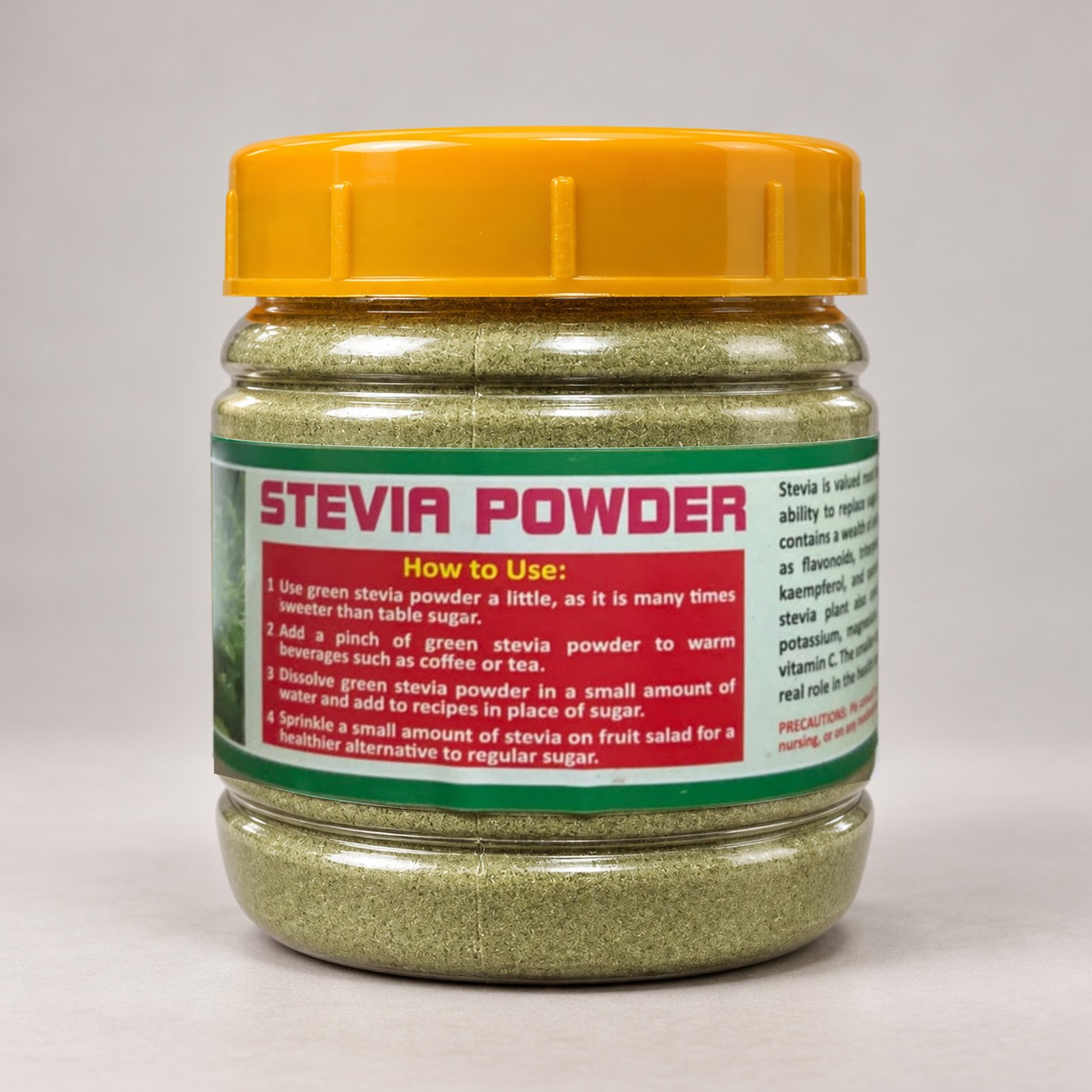 Sara Stevia Powder in its authentic powder jar with the original photographed label and yellow cap, on a neutral studio background.