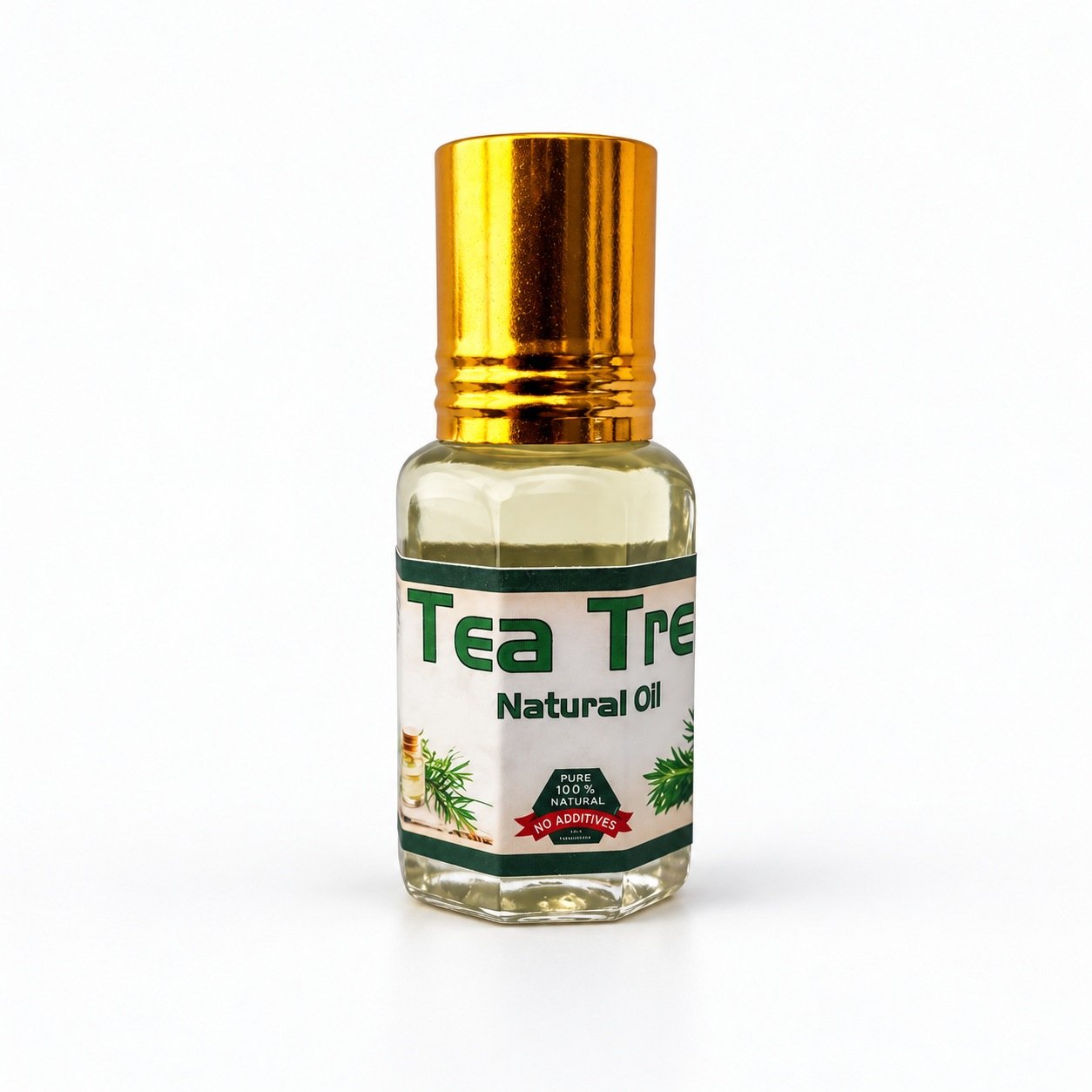 Authentic Tea Tree Oil packaging on a neutral studio background