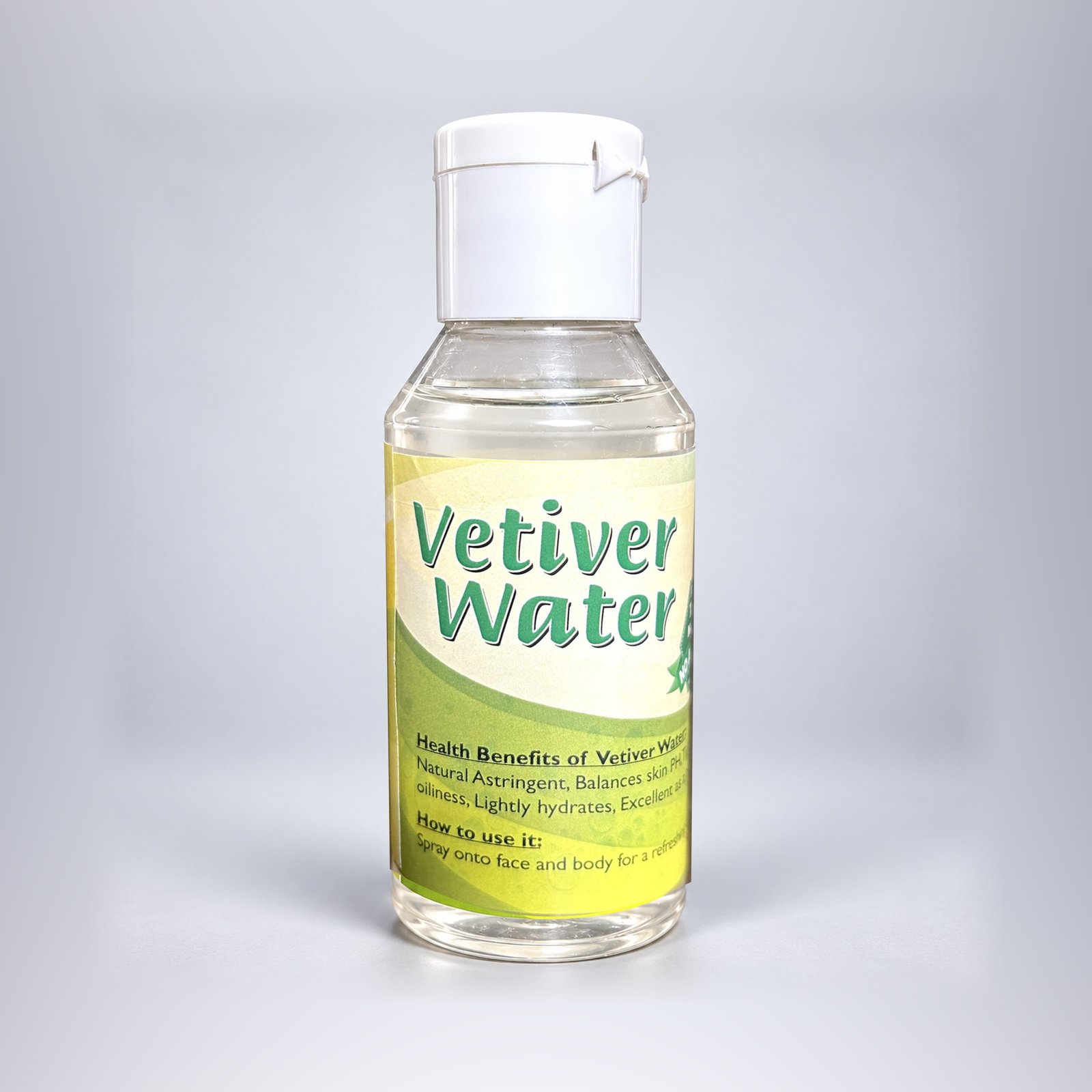 Sara Vetiver Water in its original clear plastic bottle with white flip cap