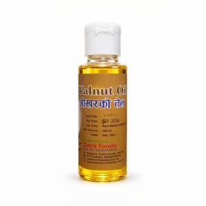 Sara Walnut Oil in its authentic bottle with the original photographed label, on a neutral studio background.