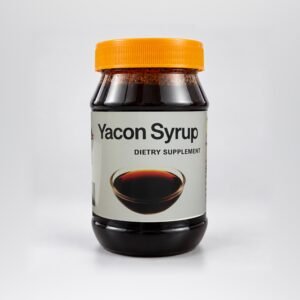 Sara Yacon Syrup in its original dark-filled plastic jar with orange ribbed cap